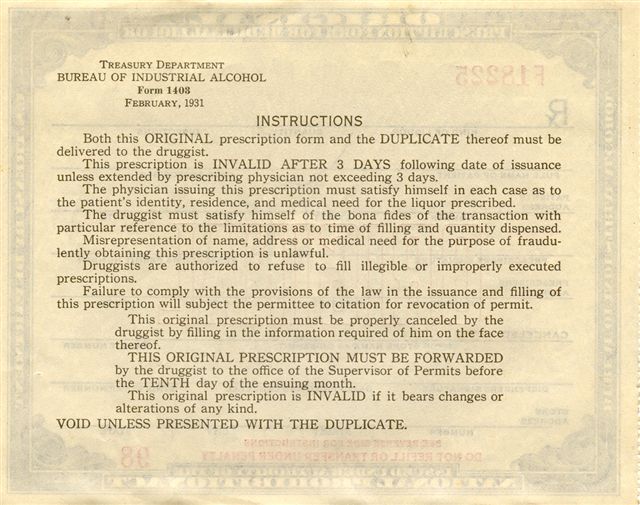 Rx Form 1403 for Medicinal Alcohol during Prohibition - USA 1931 - Original Back